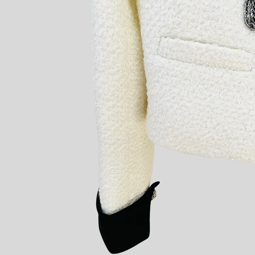 Tweed Jacket with Bow and Diamond Details - Black - White