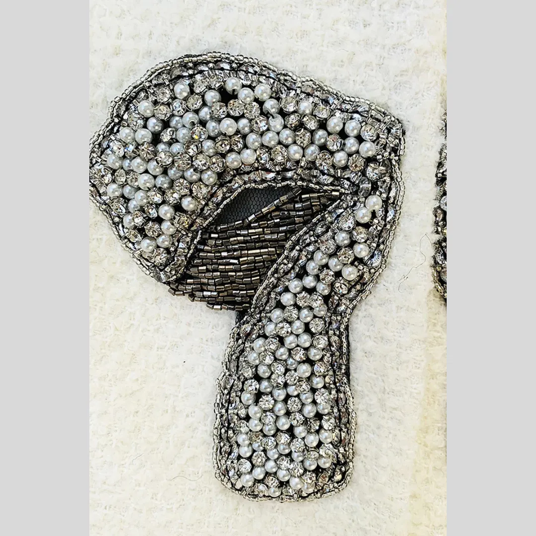 Tweed Jacket with Bow and Diamond Details - Black - White