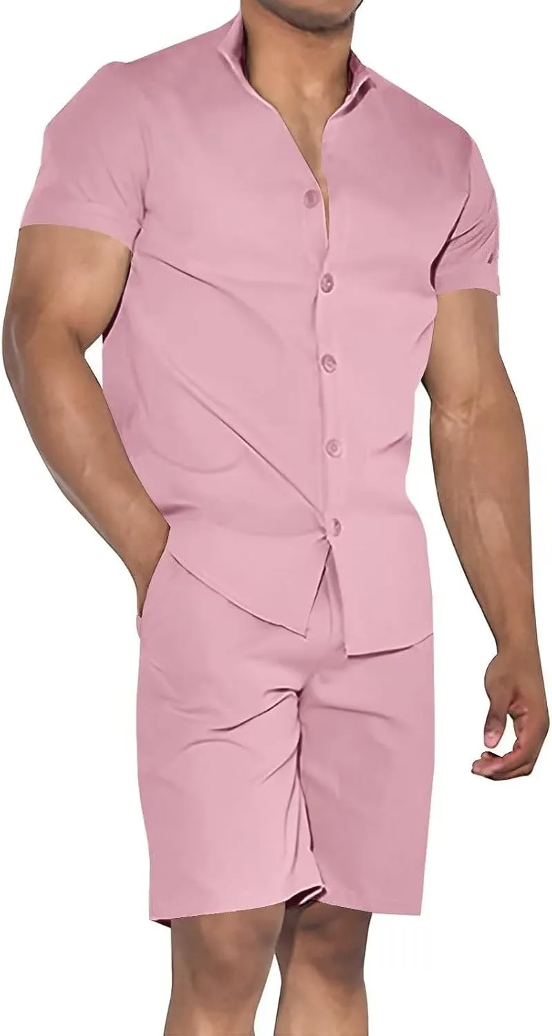 Uni Clau Mens Short Sets 2 Piece Outfits Summer Button Down Shirt and Shorts Set Beach Tracksuit