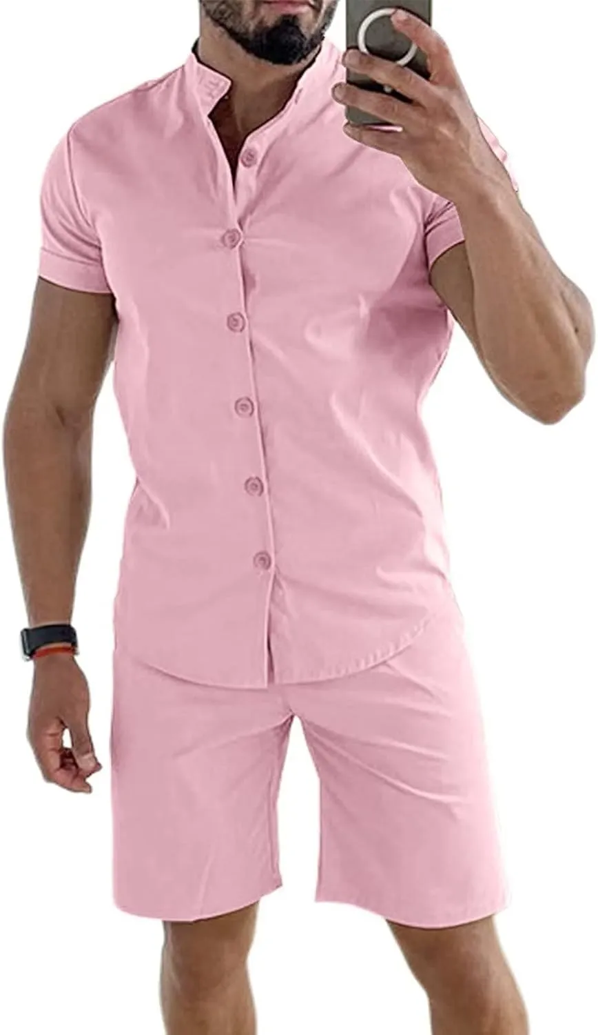 Uni Clau Mens Short Sets 2 Piece Outfits Summer Button Down Shirt and Shorts Set Beach Tracksuit