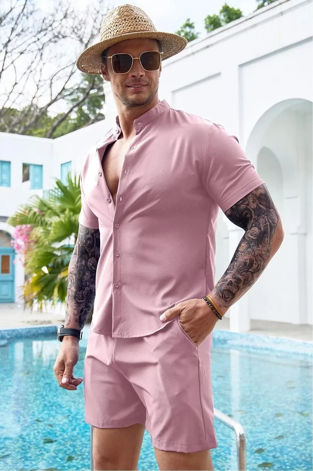 Uni Clau Mens Short Sets 2 Piece Outfits Summer Button Down Shirt and Shorts Set Beach Tracksuit
