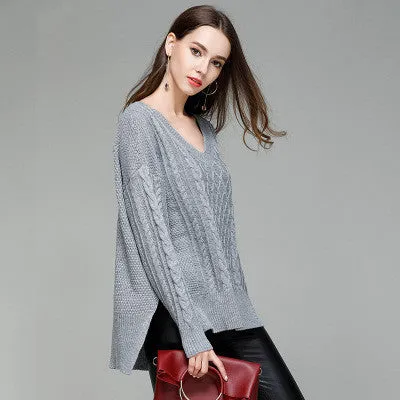 V-neck Split Irregular Cable Loose Sweater