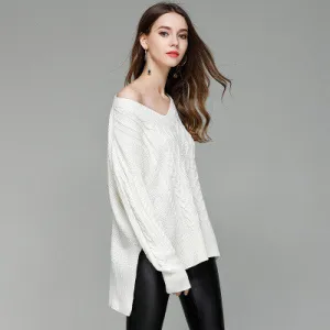 V-neck Split Irregular Cable Loose Sweater