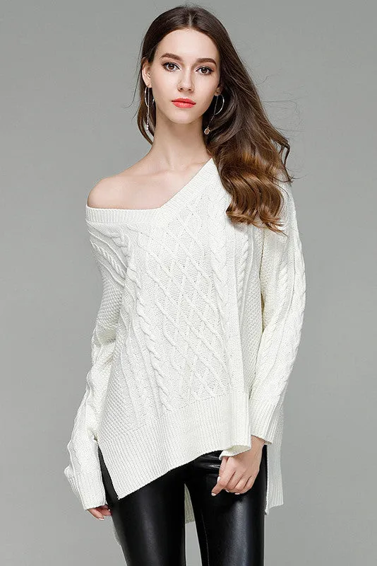 V-neck Split Irregular Cable Loose Sweater