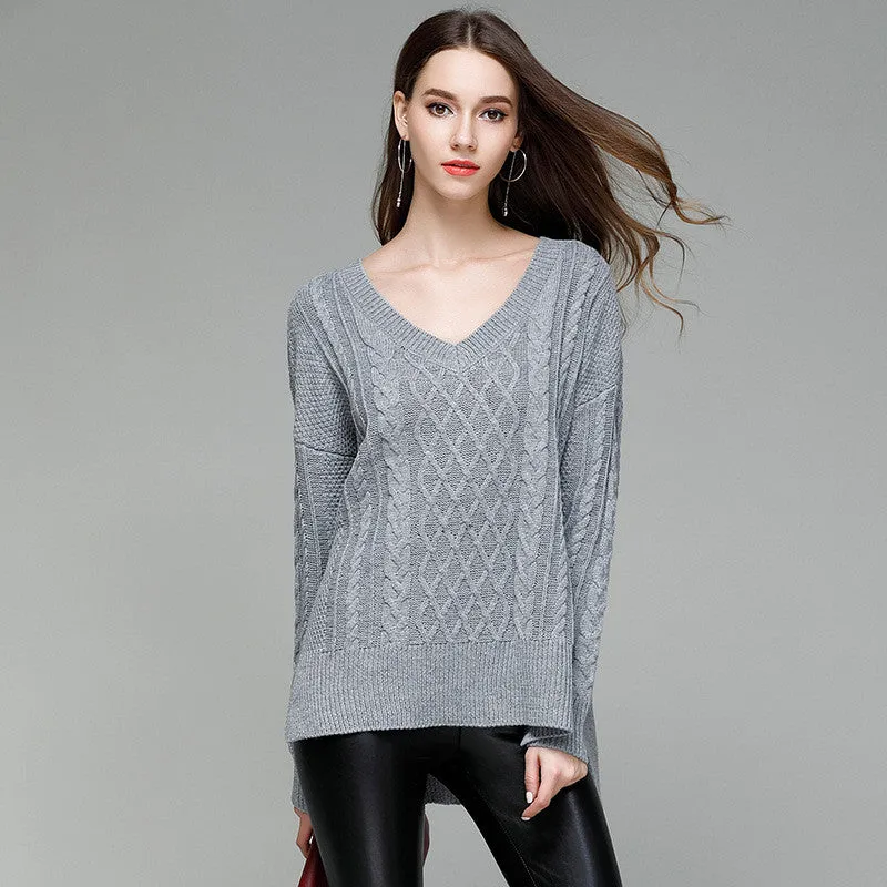 V-neck Split Irregular Cable Loose Sweater