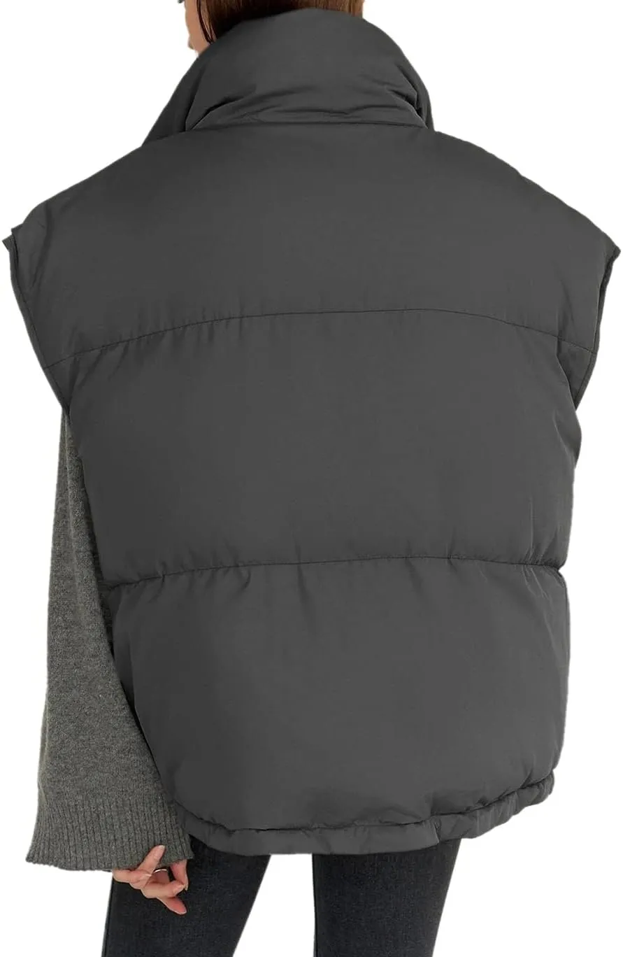 Veatzaer Womens Oversized Puffer Vest Outerwear Stand Collar Drawstring Hem Sleeveless Jackets Zip Warm Winter Coats