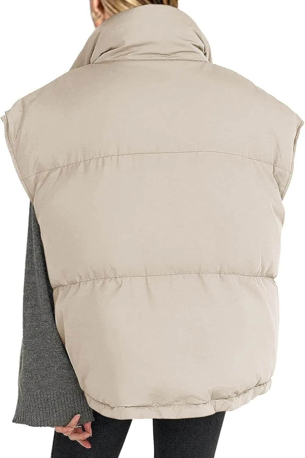 Veatzaer Womens Oversized Puffer Vest Outerwear Stand Collar Drawstring Hem Sleeveless Jackets Zip Warm Winter Coats