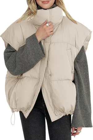 Veatzaer Womens Oversized Puffer Vest Outerwear Stand Collar Drawstring Hem Sleeveless Jackets Zip Warm Winter Coats