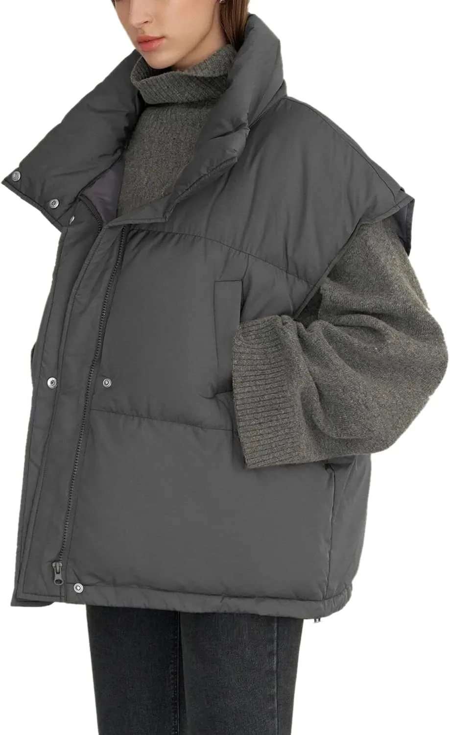 Veatzaer Womens Oversized Puffer Vest Outerwear Stand Collar Drawstring Hem Sleeveless Jackets Zip Warm Winter Coats