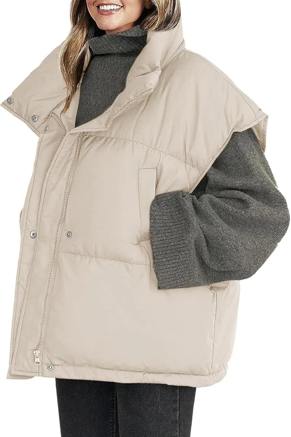 Veatzaer Womens Oversized Puffer Vest Outerwear Stand Collar Drawstring Hem Sleeveless Jackets Zip Warm Winter Coats