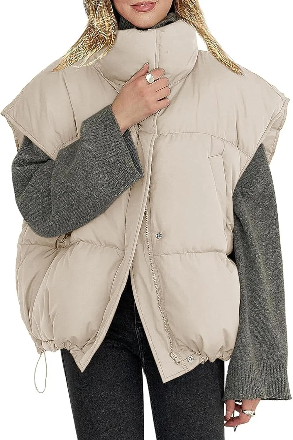 Veatzaer Womens Oversized Puffer Vest Outerwear Stand Collar Drawstring Hem Sleeveless Jackets Zip Warm Winter Coats