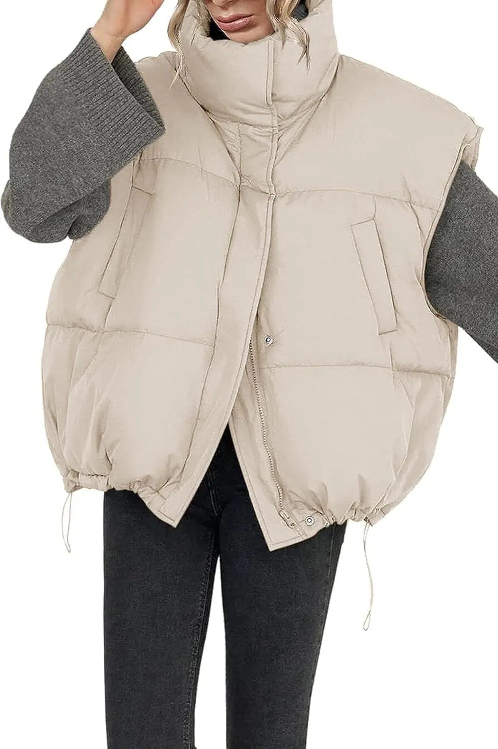 Veatzaer Womens Oversized Puffer Vest Outerwear Stand Collar Drawstring Hem Sleeveless Jackets Zip Warm Winter Coats