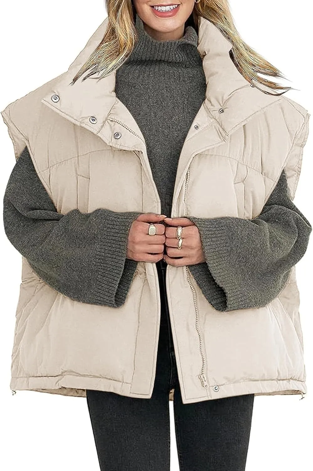 Veatzaer Womens Oversized Puffer Vest Outerwear Stand Collar Drawstring Hem Sleeveless Jackets Zip Warm Winter Coats