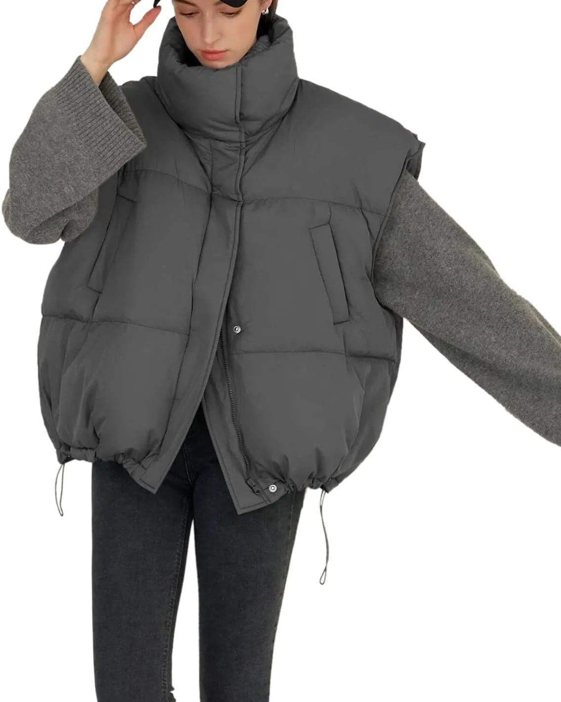 Veatzaer Womens Oversized Puffer Vest Outerwear Stand Collar Drawstring Hem Sleeveless Jackets Zip Warm Winter Coats
