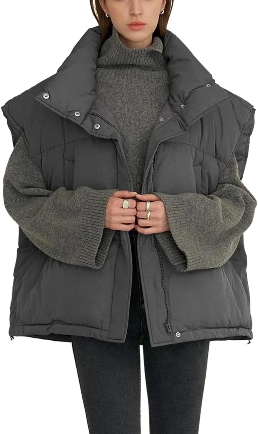 Veatzaer Womens Oversized Puffer Vest Outerwear Stand Collar Drawstring Hem Sleeveless Jackets Zip Warm Winter Coats