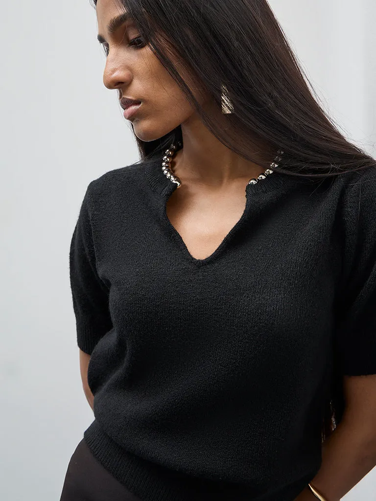 Wardrobe Black Pearl Embellished Knitted Top