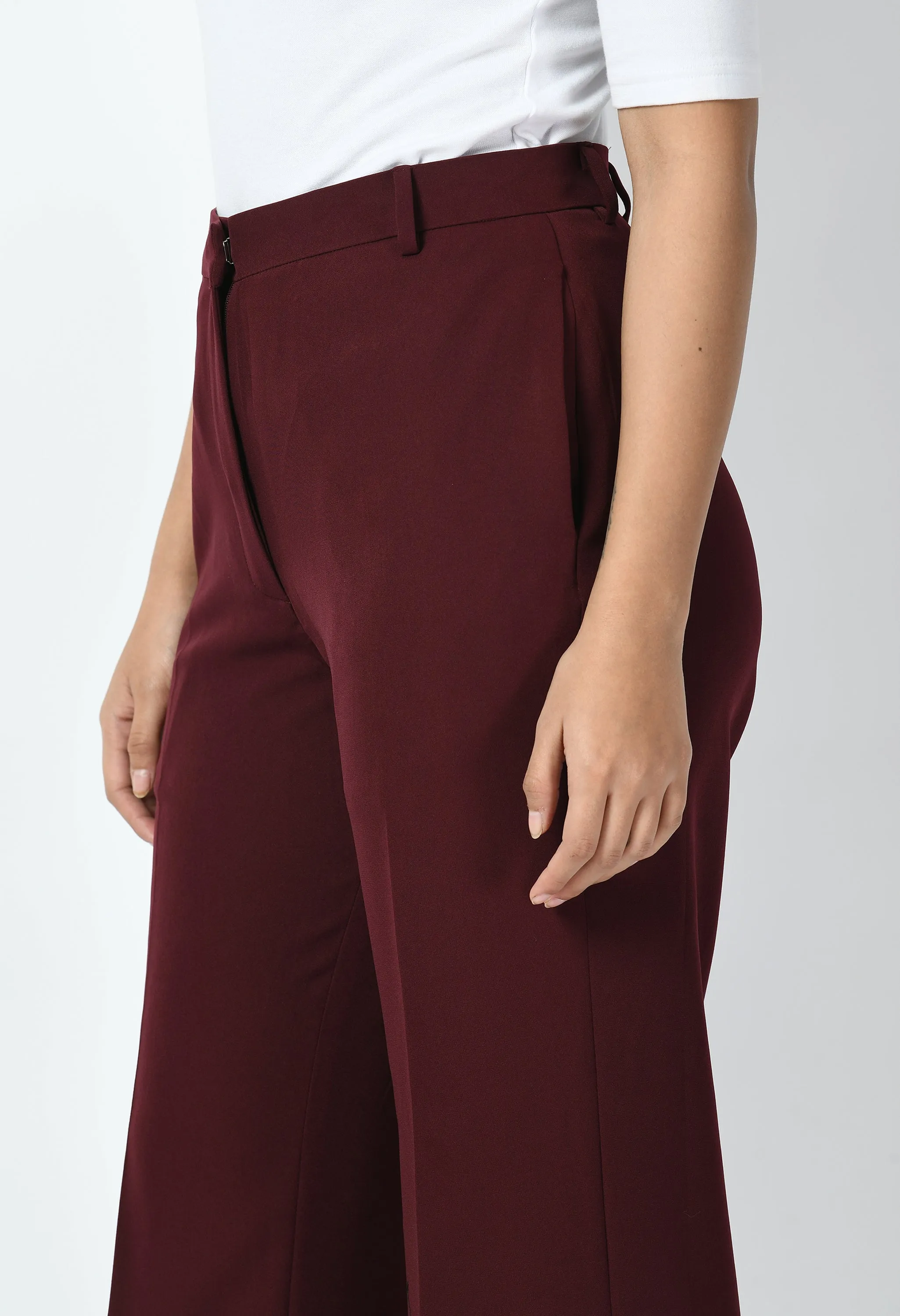 Wine Cotton Blend Eminence Solid Bootcut Trouser