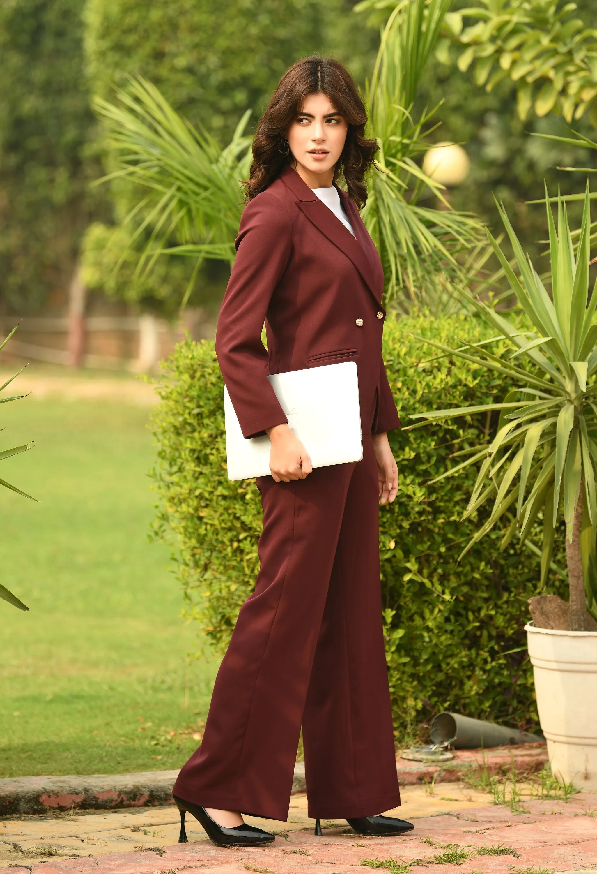 Wine Cotton Blend Eminence Solid Bootcut Trouser