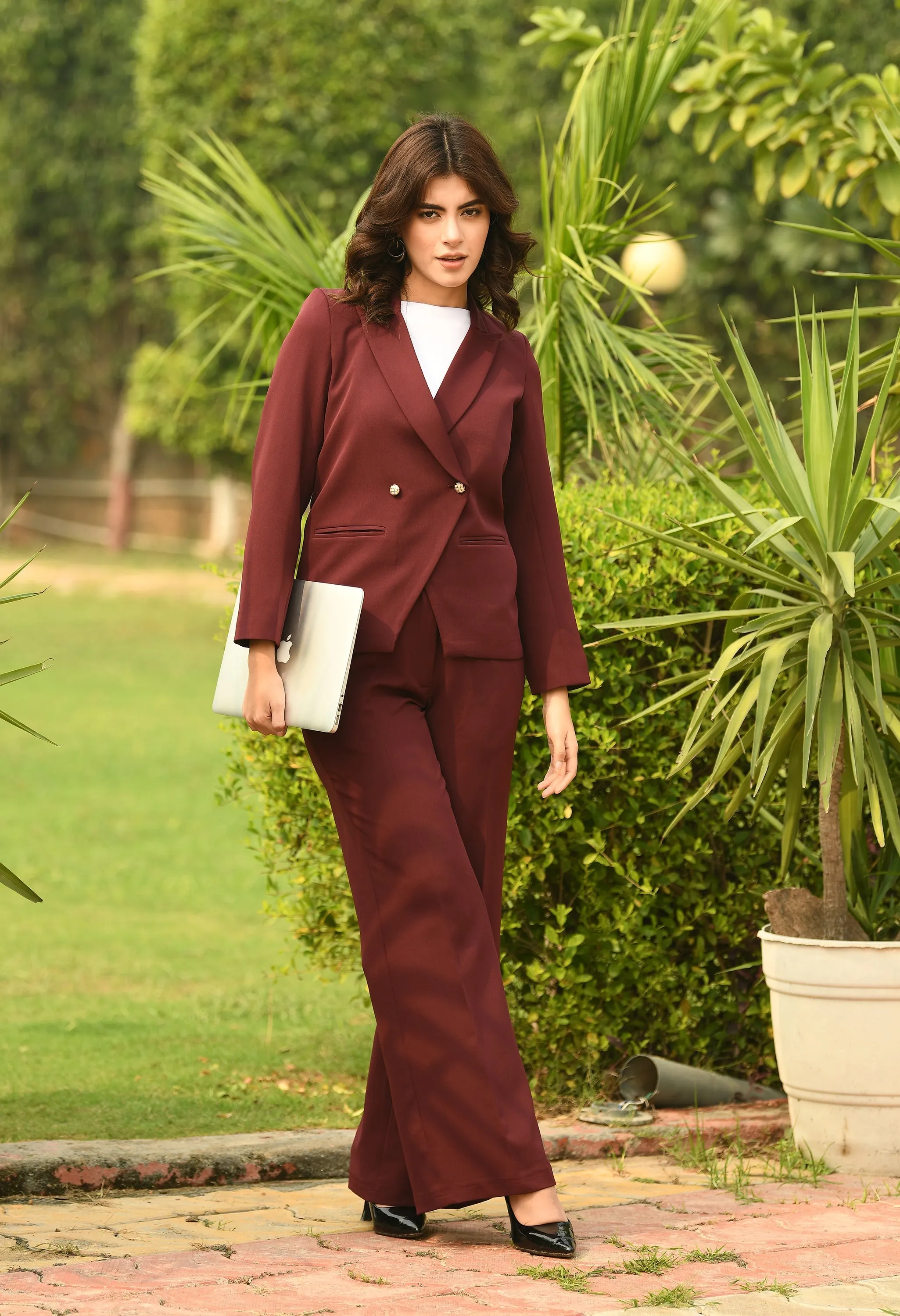 Wine Cotton Blend Eminence Solid Bootcut Trouser