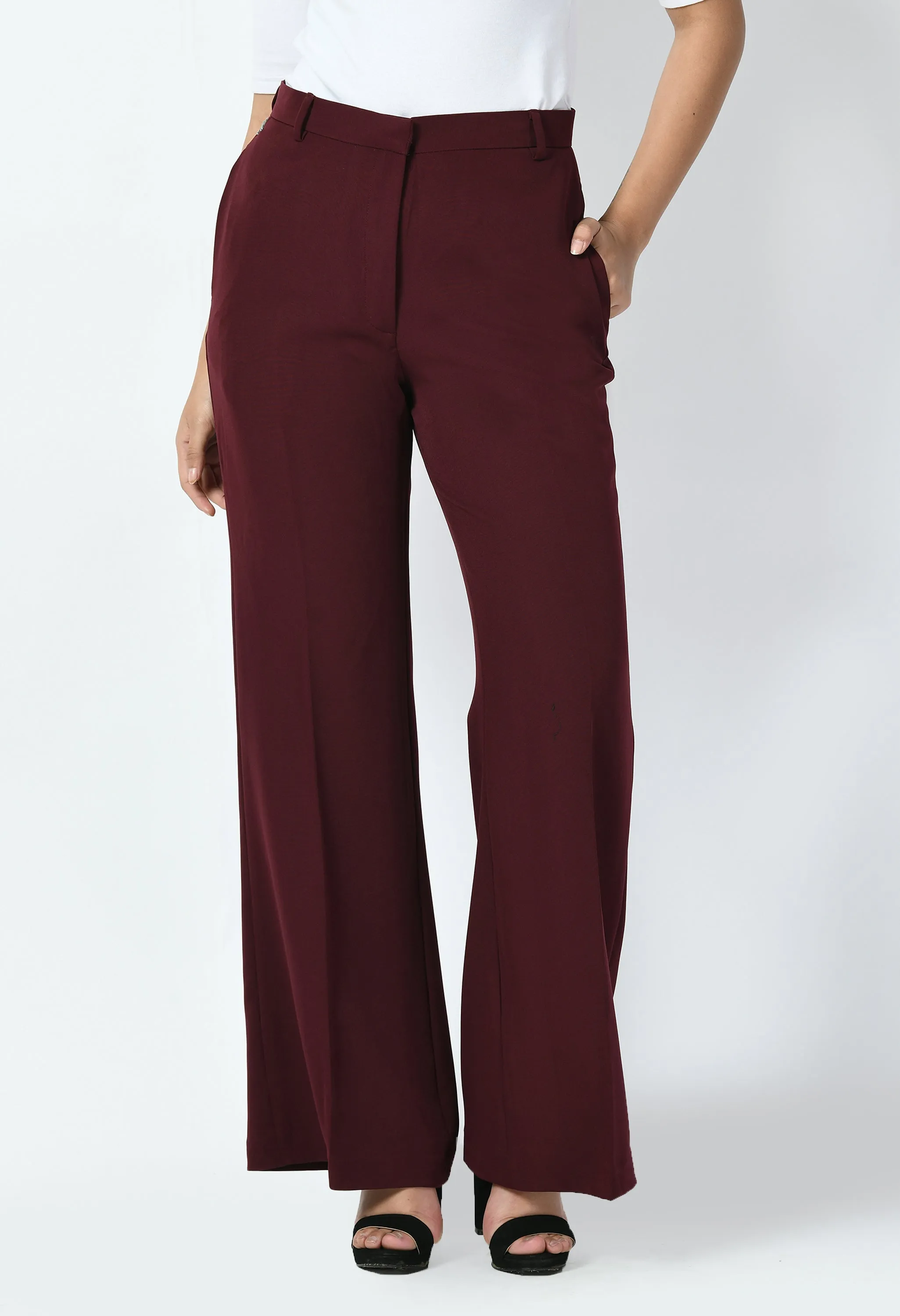 Wine Cotton Blend Eminence Solid Bootcut Trouser