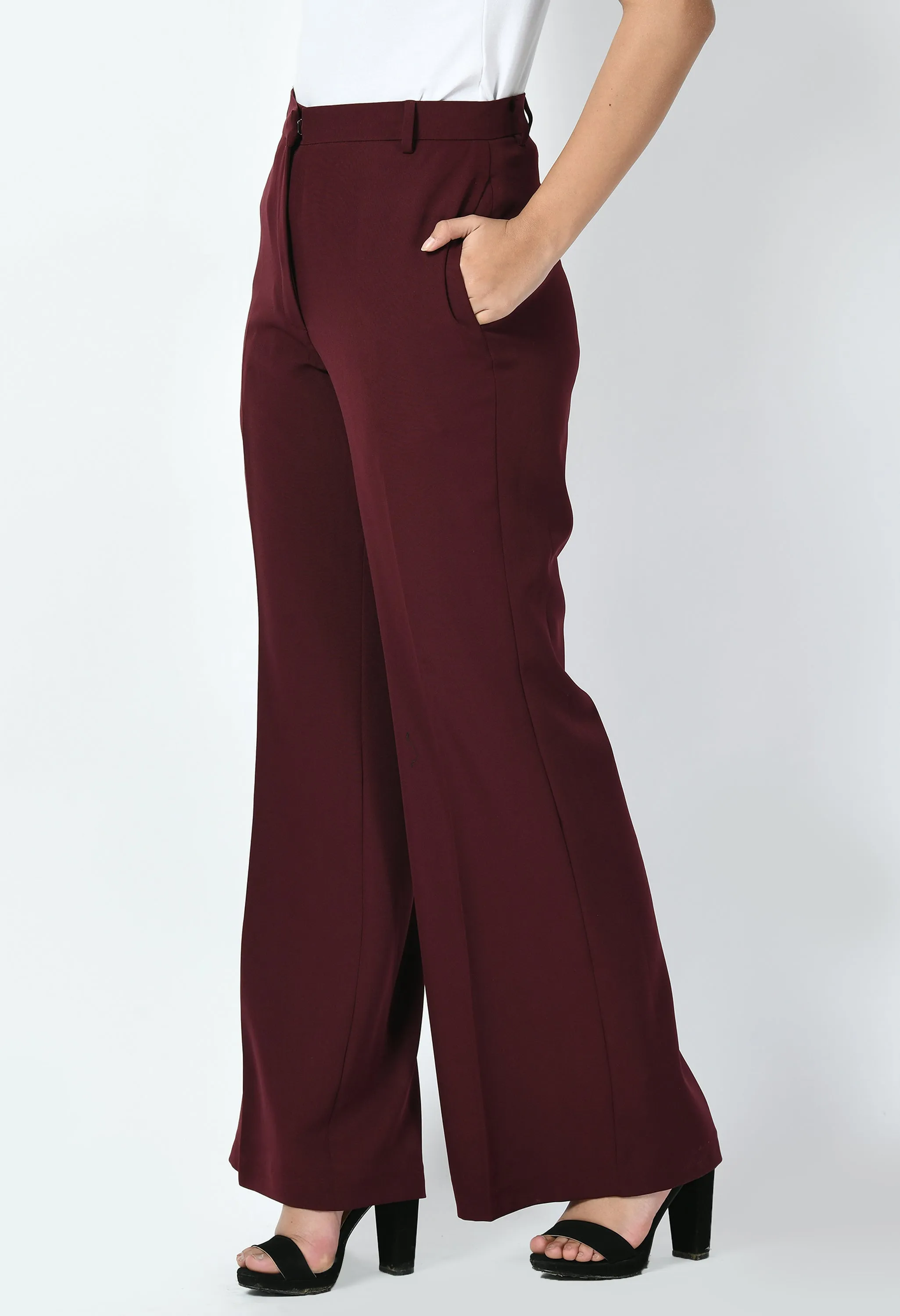 Wine Cotton Blend Eminence Solid Bootcut Trouser