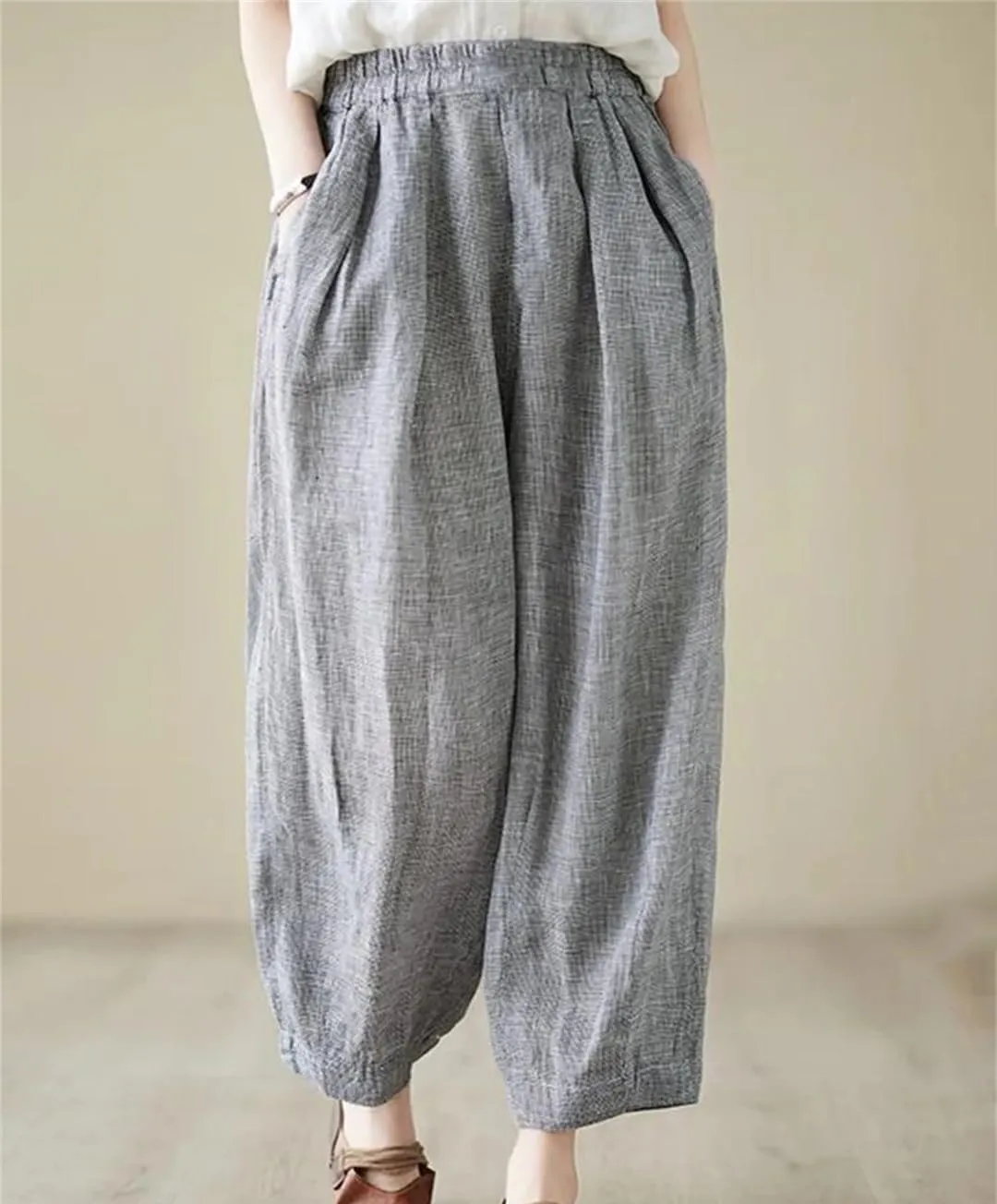 Women Casual Harem Pants Plaid Loose Comfortable Pants Cotton Linen Ankle-Length Pants