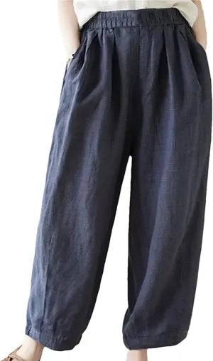 Women Casual Harem Pants Plaid Loose Comfortable Pants Cotton Linen Ankle-Length Pants