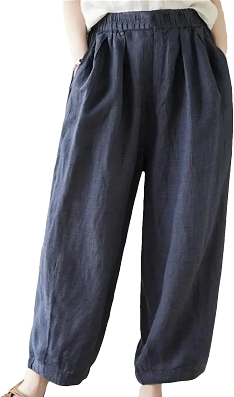 Women Casual Harem Pants Plaid Loose Comfortable Pants Cotton Linen Ankle-Length Pants