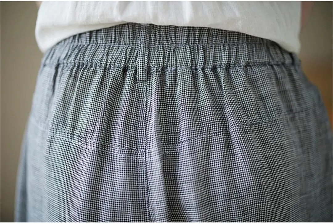 Women Casual Harem Pants Plaid Loose Comfortable Pants Cotton Linen Ankle-Length Pants