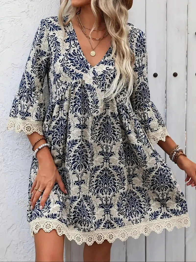 Women Casual Spring Summer Dresses V Neck Half Sleeve Boho Floral Ruffle Flowy Babydoll Mini Short Beach Dress