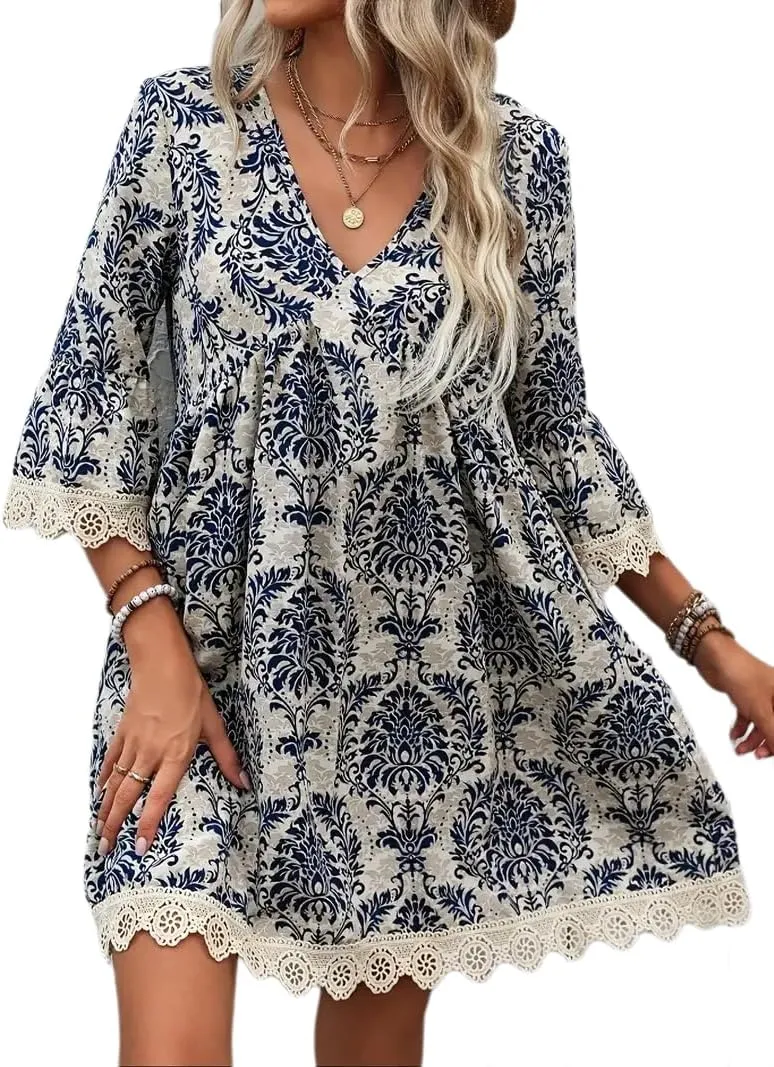 Women Casual Spring Summer Dresses V Neck Half Sleeve Boho Floral Ruffle Flowy Babydoll Mini Short Beach Dress