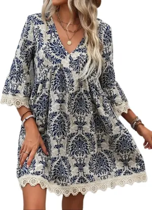 Women Casual Spring Summer Dresses V Neck Half Sleeve Boho Floral Ruffle Flowy Babydoll Mini Short Beach Dress