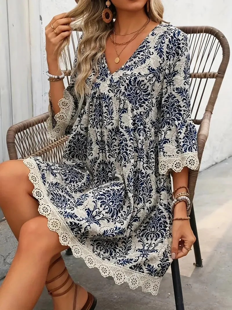 Women Casual Spring Summer Dresses V Neck Half Sleeve Boho Floral Ruffle Flowy Babydoll Mini Short Beach Dress