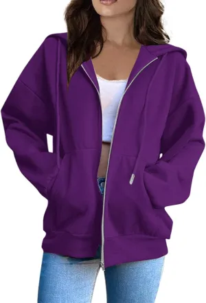 Women Fleece Full Zip Up Hoodie Baggy Drawstring Zipper Sweatshirt Jacket Lightweight Comfy Fall Winter Outfits Coats