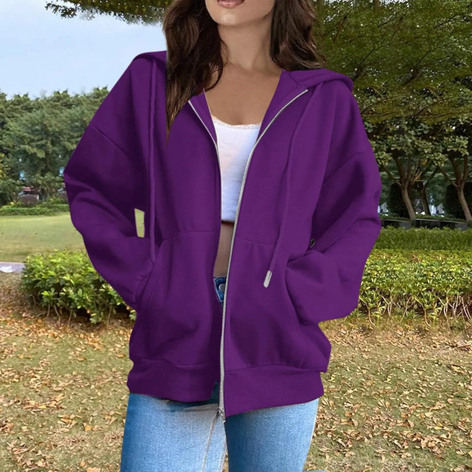 Women Fleece Full Zip Up Hoodie Baggy Drawstring Zipper Sweatshirt Jacket Lightweight Comfy Fall Winter Outfits Coats