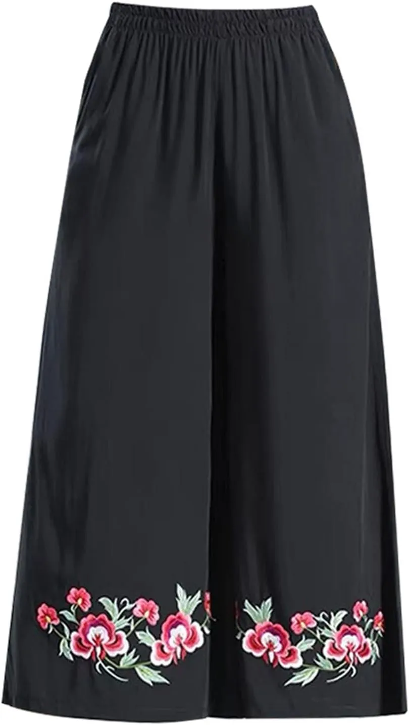 Women Floral Embroidery Casual Pants Cotton Linen Summer Trousers Flowy Wide Leg Pants with Pockets (Hot Pink, One Size)