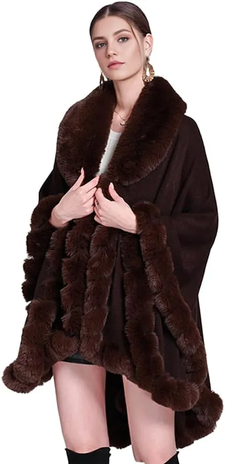Women Fur Collar Cape Thick Cardigan Coats Fall Winter Faux Fur Shawl Cloak for Dress Evening Party