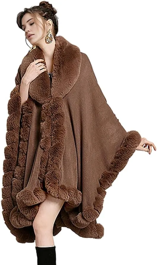 Women Fur Collar Cape Thick Cardigan Coats Fall Winter Faux Fur Shawl Cloak for Dress Evening Party