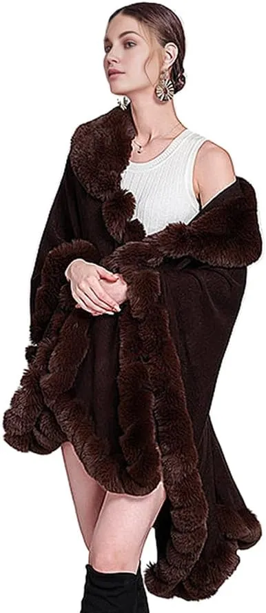 Women Fur Collar Cape Thick Cardigan Coats Fall Winter Faux Fur Shawl Cloak for Dress Evening Party