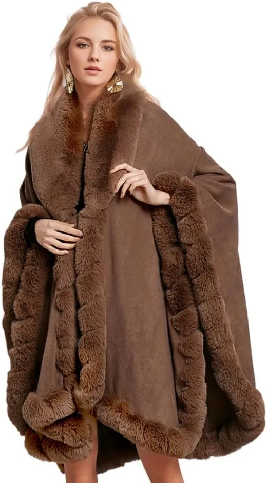 Women Fur Collar Cape Thick Cardigan Coats Fall Winter Faux Fur Shawl Cloak for Dress Evening Party