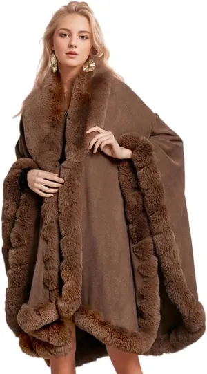Women Fur Collar Cape Thick Cardigan Coats Fall Winter Faux Fur Shawl Cloak for Dress Evening Party