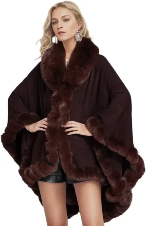 Women Fur Collar Cape Thick Cardigan Coats Fall Winter Faux Fur Shawl Cloak for Dress Evening Party