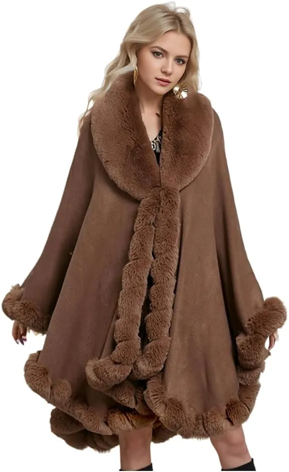 Women Fur Collar Cape Thick Cardigan Coats Fall Winter Faux Fur Shawl Cloak for Dress Evening Party