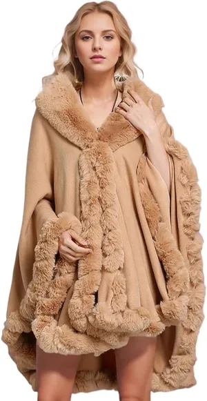 Women Fur Collar Cape Thick Cardigan Coats Fall Winter Faux Fur Shawl Cloak for Dress Evening Party