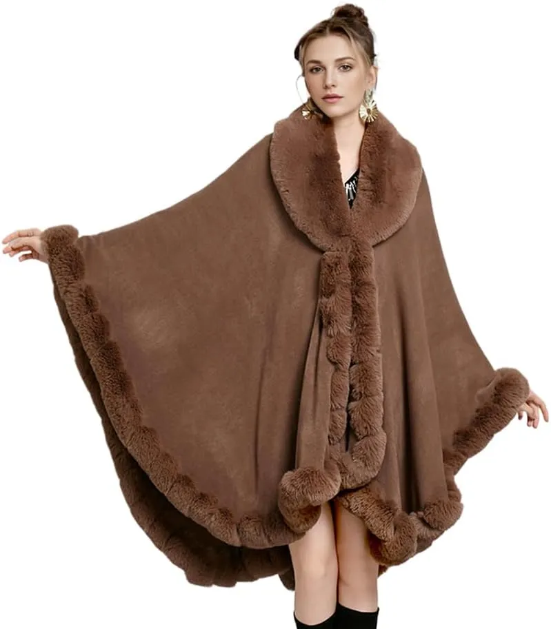 Women Fur Collar Cape Thick Cardigan Coats Fall Winter Faux Fur Shawl Cloak for Dress Evening Party