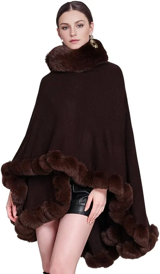 Women Fur Collar Cape Thick Cardigan Coats Fall Winter Faux Fur Shawl Cloak for Dress Evening Party