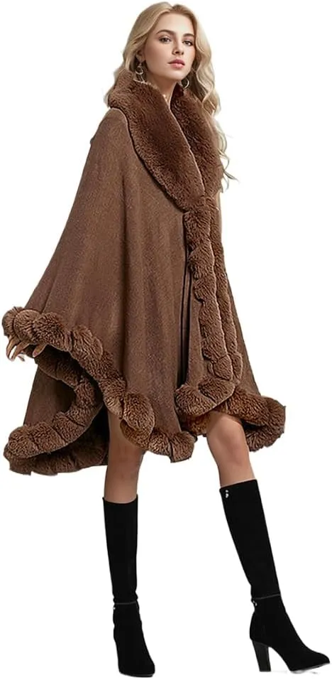 Women Fur Collar Cape Thick Cardigan Coats Fall Winter Faux Fur Shawl Cloak for Dress Evening Party