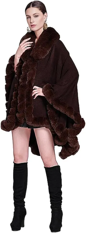 Women Fur Collar Cape Thick Cardigan Coats Fall Winter Faux Fur Shawl Cloak for Dress Evening Party