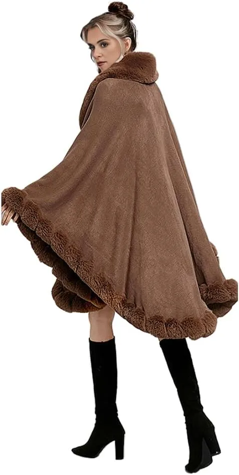 Women Fur Collar Cape Thick Cardigan Coats Fall Winter Faux Fur Shawl Cloak for Dress Evening Party