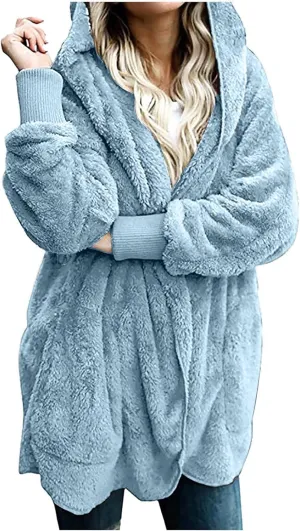 Women Hooded Cardigan Solid Oversized Open Front Hoodies Fleece Fuzzy Jacket 2024 Winter Warm Sherpa Coat With Pocket